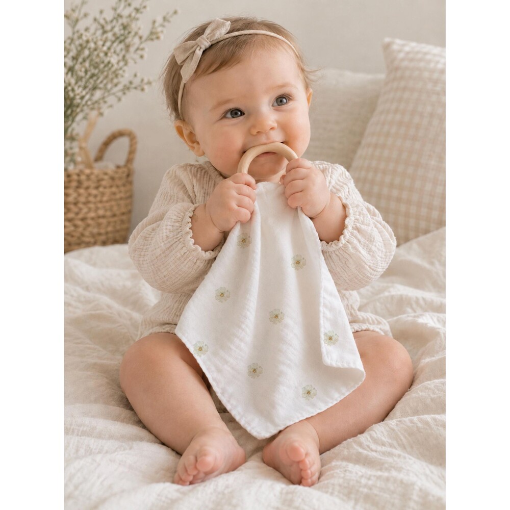 Organic Teething Blanket With Wooden Ring | August Poppy Birth Flower Baby Gift